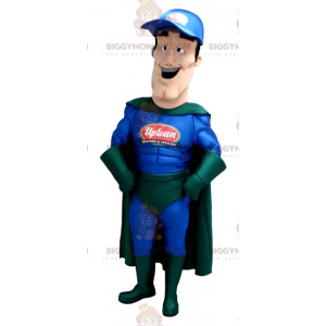 Traje de mascote BIGGYMONKEY™ Roupa azul e verde super-herói –