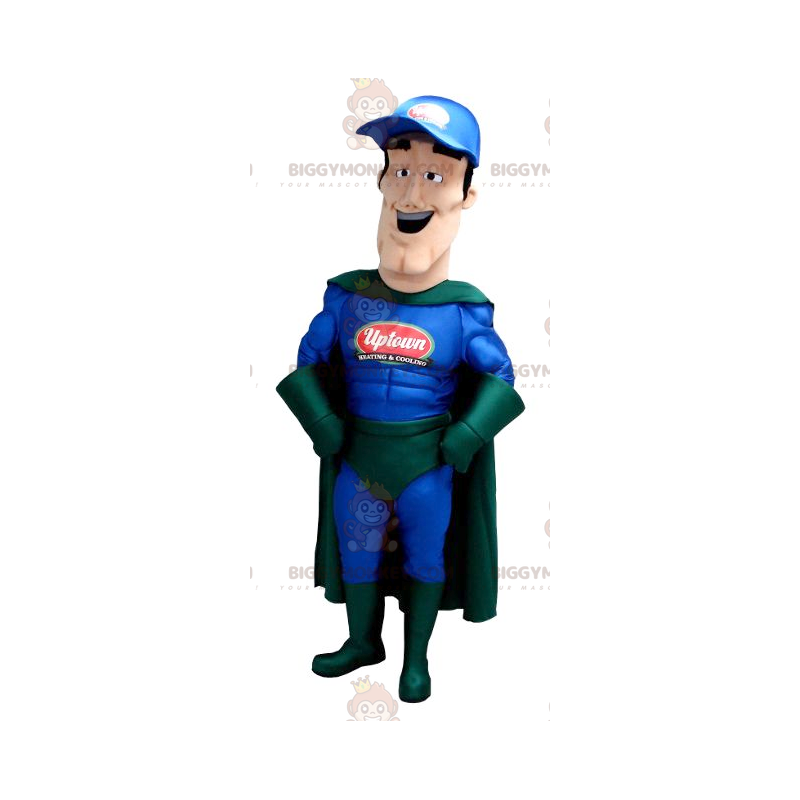 Traje de mascote BIGGYMONKEY™ Roupa azul e verde super-herói –