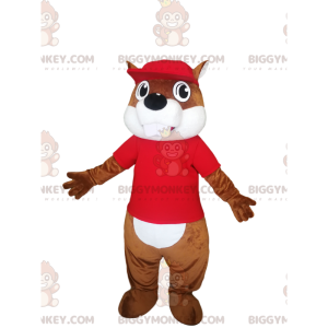 BIGGYMONKEY™ maskotdräkt av brun bäver med röd tröja. -