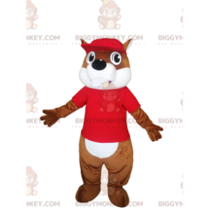 Kostium maskotki BIGGYMONKEY™ z brązowego bobra z czerwoną