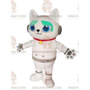 Witte kat BIGGYMONKEY™ mascottekostuum met koptelefoon. witte