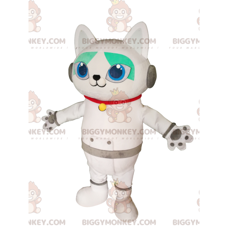 Traje de mascote de gato branco BIGGYMONKEY™ com fones de