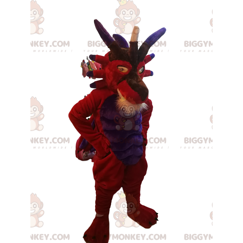 Traje da mascote do diabo vermelho e roxo BIGGYMONKEY™.