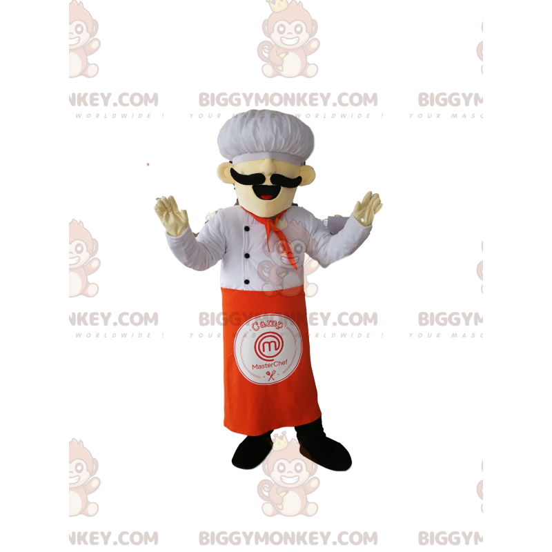 Chef-kok BIGGYMONKEY™ mascottekostuum met een knappe snor. -