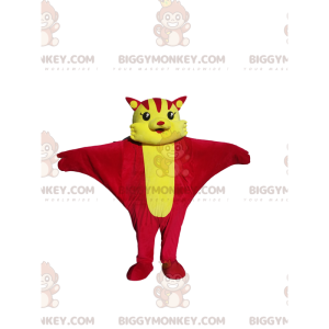 Traje de mascote de gato voador vermelho e amarelo