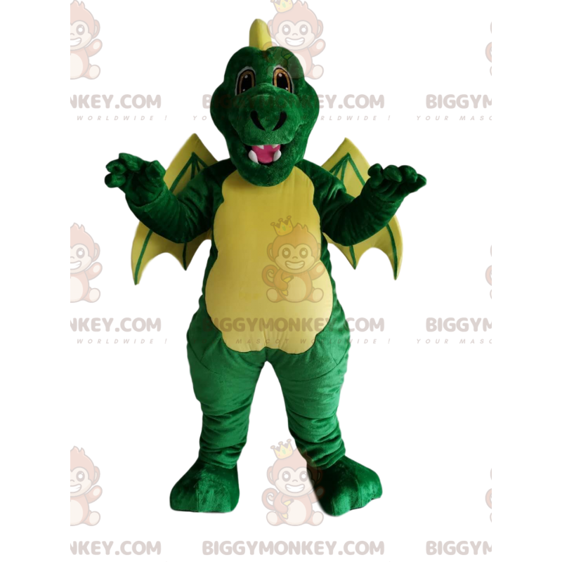 Disfraz de mascota dragón verde y amarillo BIGGYMONKEY™. traje