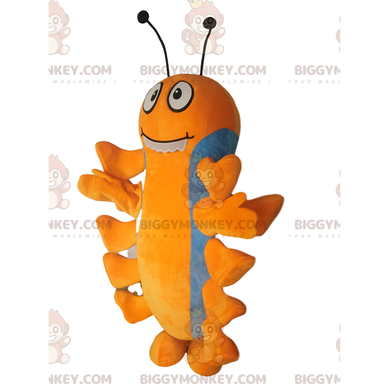 Traje de mascote BIGGYMONKEY™ de centopéia laranja e azul. –