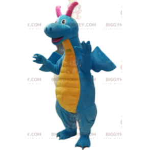 Very smiling blue and yellow dragon BIGGYMONKEY™ mascot