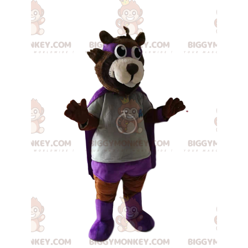 Traje de mascote BIGGYMONKEY™ de urso pardo em traje de herói.