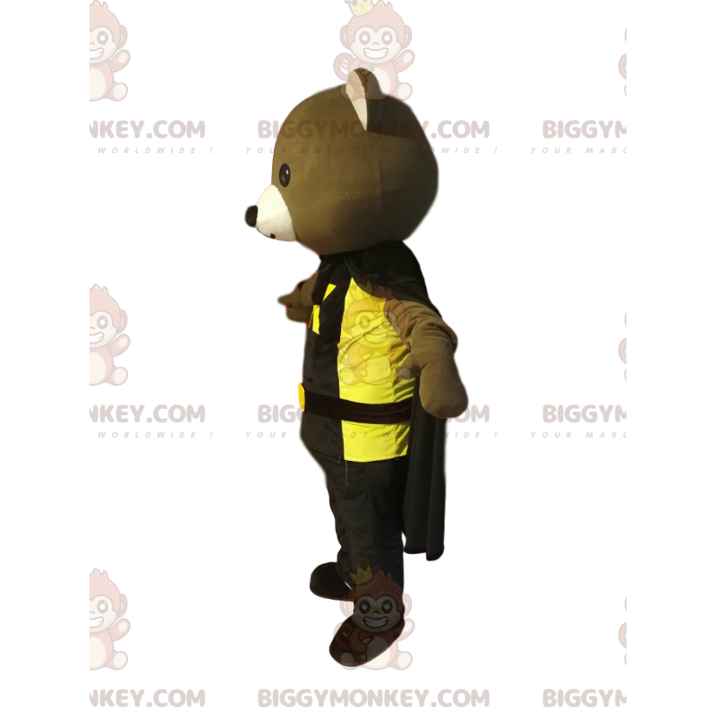 Bear BIGGYMONKEY™ mascot costume with black cape and yellow