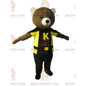 Bear BIGGYMONKEY™ mascot costume with black cape and yellow