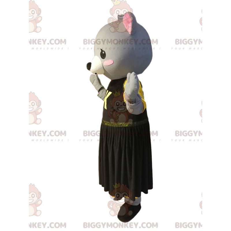 Traje de mascote BIGGYMONKEY™ de pintinho cinza com vestido