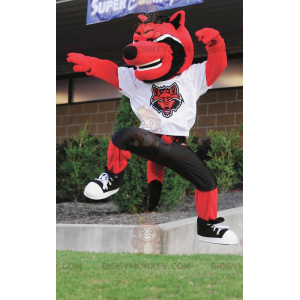 Costume de mascotte BIGGYMONKEY™ de chat de loup rouge noir et