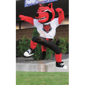 Costume de mascotte BIGGYMONKEY™ de chat de loup rouge noir et