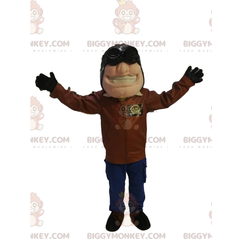 Traje de mascote de aviador BIGGYMONKEY™ com capacete e jaqueta