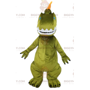 BIGGYMONKEY™ maskotdräkt av grön dinosaurie och orange vapen. -