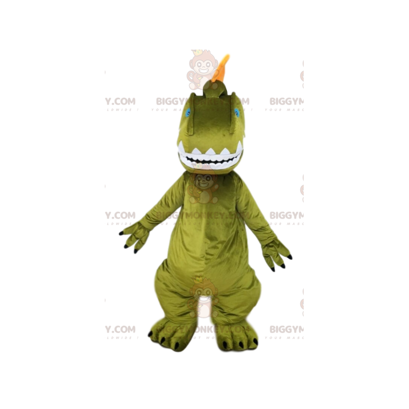 BIGGYMONKEY™ maskotdräkt av grön dinosaurie och orange vapen. -