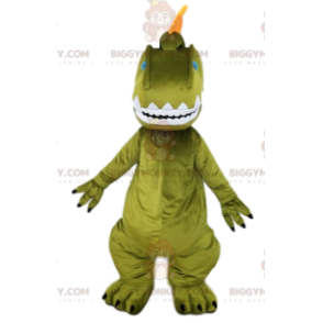 BIGGYMONKEY™ mascot costume of green dinosaur and orange crest.