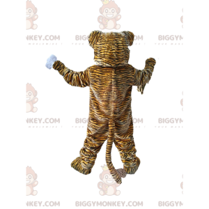 BIGGYMONKEY™ costume mascotte di tigre con un grande sorriso.