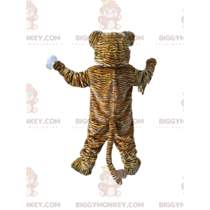 BIGGYMONKEY™ maskotdräkt av tiger med ett stort leende.