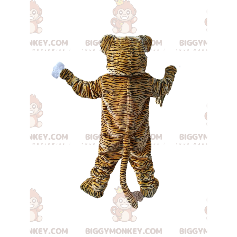BIGGYMONKEY™ costume mascotte di tigre con un grande sorriso.