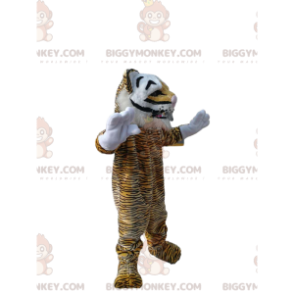 BIGGYMONKEY™ costume mascotte di tigre con un grande sorriso.