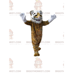 BIGGYMONKEY™ costume mascotte di tigre con un grande sorriso.