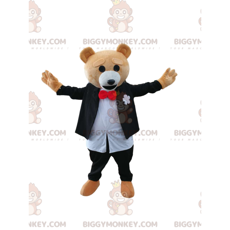 BIGGYMONKEY™ maskotdräkt av brun björn i svart och vit kostym.