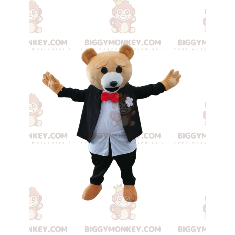 Traje de mascote BIGGYMONKEY™ de urso pardo em traje preto e