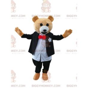 Traje de mascote BIGGYMONKEY™ de urso pardo em traje preto e