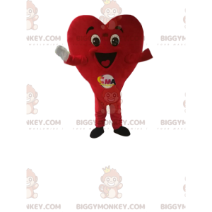 Disfraz de mascota BIGGYMONKEY™ de corazón rojo muy feliz.