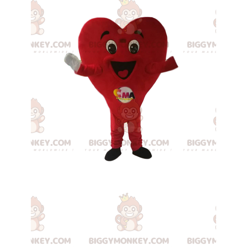 Traje de mascote BIGGYMONKEY™ de coração vermelho muito feliz.