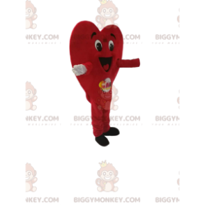 Disfraz de mascota BIGGYMONKEY™ de corazón rojo muy feliz.