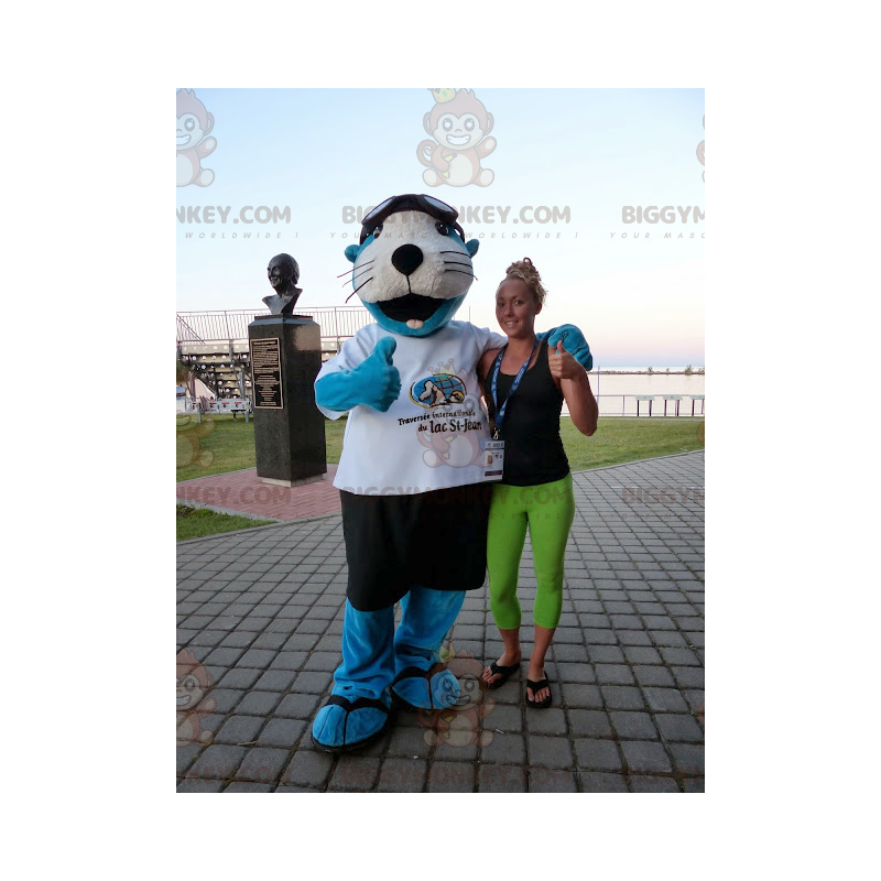 Blue and White Sea Lion BIGGYMONKEY™ Mascot Costume with Shorts