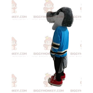 Costume da mascotte squalo grigio BIGGYMONKEY™ con jersey blu.