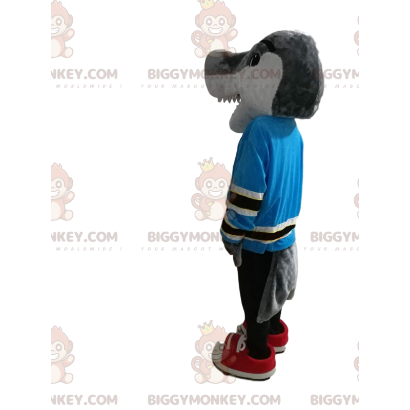 Costume da mascotte squalo grigio BIGGYMONKEY™ con jersey blu.