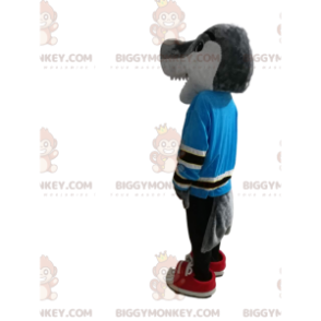 Gray shark BIGGYMONKEY™ mascot costume with blue jersey. shark