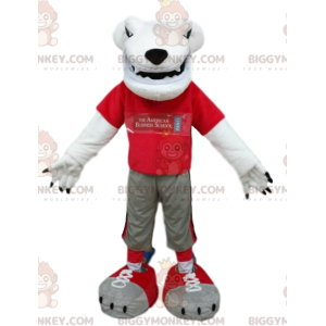 Costume da mascotte orso polare BIGGYMONKEY™ con jersey rosso.