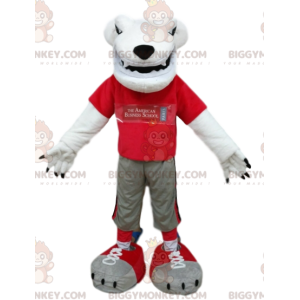 Disfraz de mascota oso polar BIGGYMONKEY™ con jersey rojo.