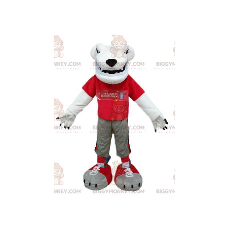 Costume da mascotte orso polare BIGGYMONKEY™ con jersey rosso.