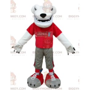 Costume da mascotte orso polare BIGGYMONKEY™ con jersey rosso.