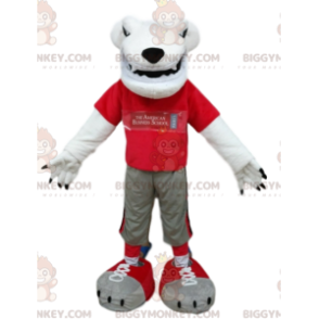 Fato de mascote de urso polar BIGGYMONKEY™ com jersey vermelho.
