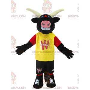 Fato de mascote Bull BIGGYMONKEY™ com jersey amarelo. fantasia