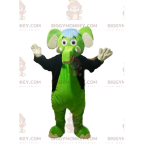 Grøn elefant BIGGYMONKEY™ maskotkostume med sort frakkejakke. -