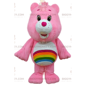 BIGGYMONKEY™ costume da mascotte di orso rosa con un arcobaleno