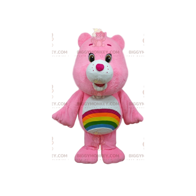 BIGGYMONKEY™ maskotkostume af lyserød plejebjørn med en regnbue