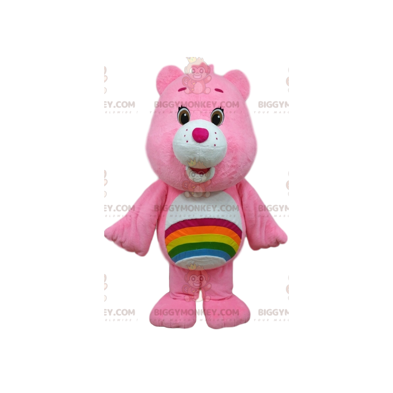 Fato de mascote BIGGYMONKEY™ de ursinho rosa com um arco-íris