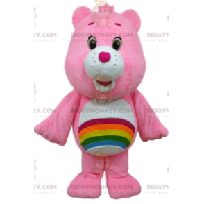 BIGGYMONKEY™ costume da mascotte di orso rosa con un arcobaleno
