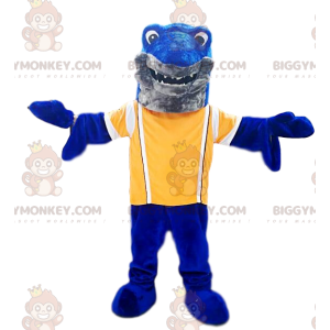 Fato de mascote de tubarão azul BIGGYMONKEY™ com jersey