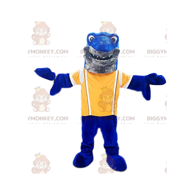 Blue shark BIGGYMONKEY™ mascot costume with yellow jersey.